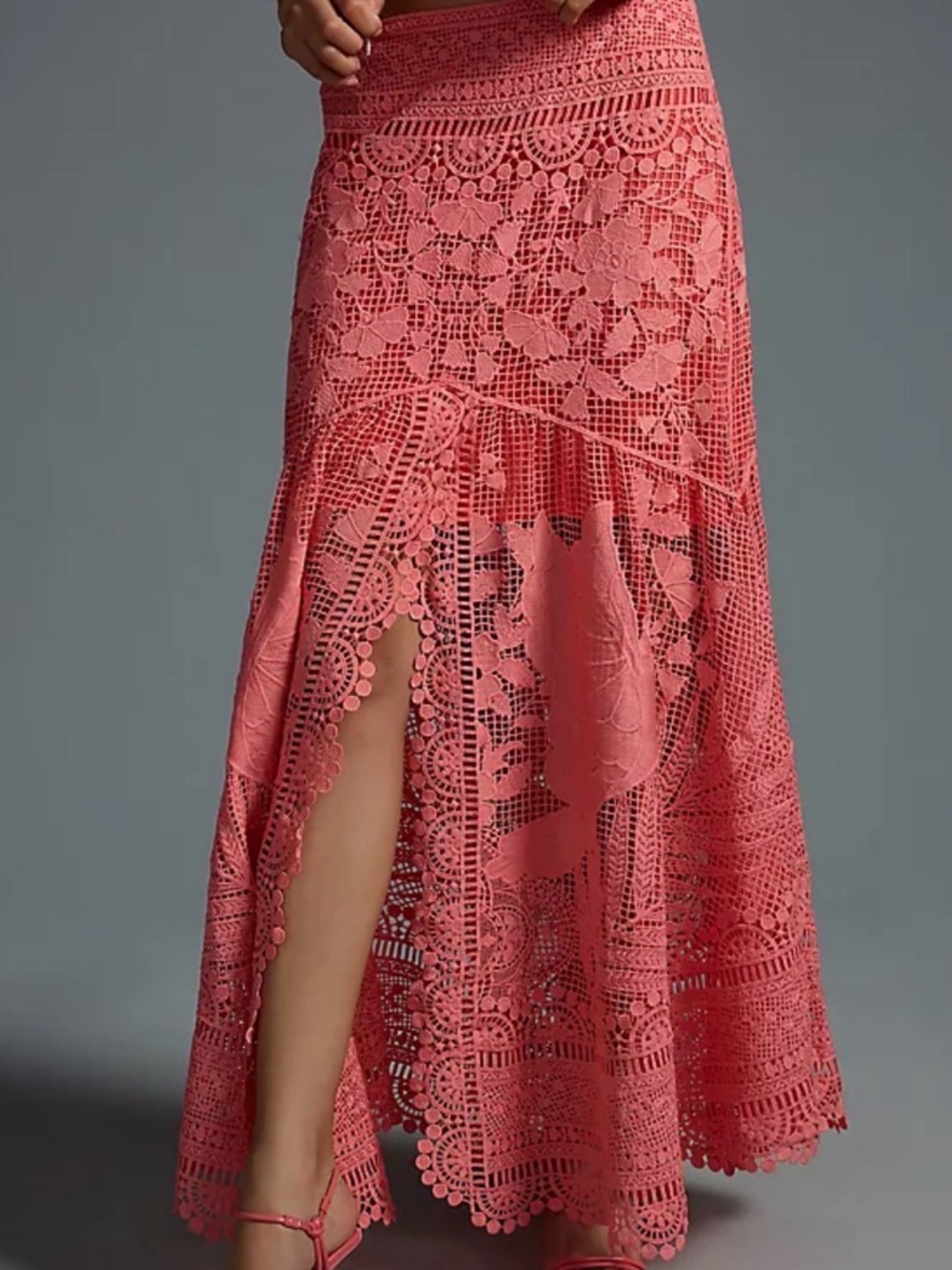 FARM Rio Coral Crochet Maxi Skirt with Lace Panels and Slit